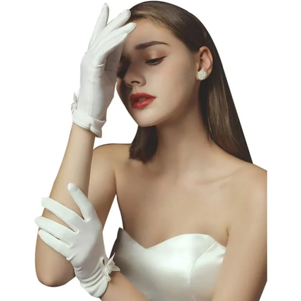 Women's Lvory-95052 Short Length Satin Wrist Gloves Stretchy Wedding Party Prom
